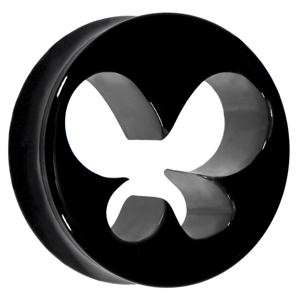 BodyCandy 26mm Black Acrylic Hollow Butterfly Saddle Plug — main product shot