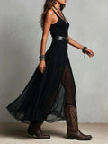 Black Mesh Strap Maxi Dress – V-Neck Pleated Long Dress
