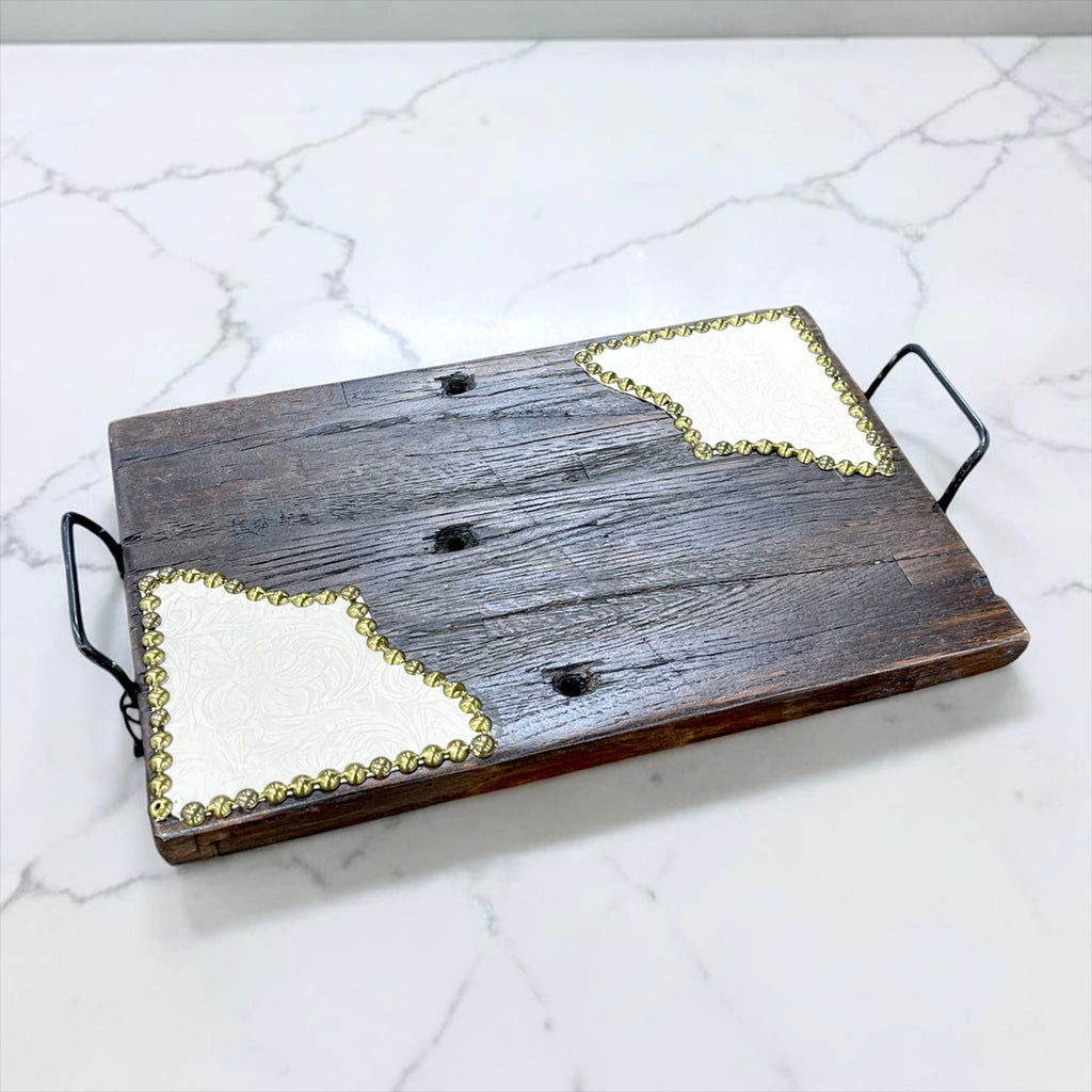 Ivory Tooled Genuine Leather and Wood Tray