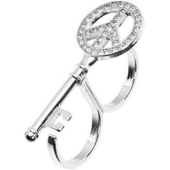 BodyCandy Silver Tone Peace Sign Shaped Key Double Finger Ring — lifestyle context