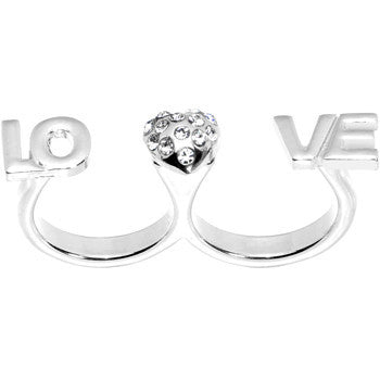BodyCandy Silver Tone Heart Love Double Finger Ring — detail close-up