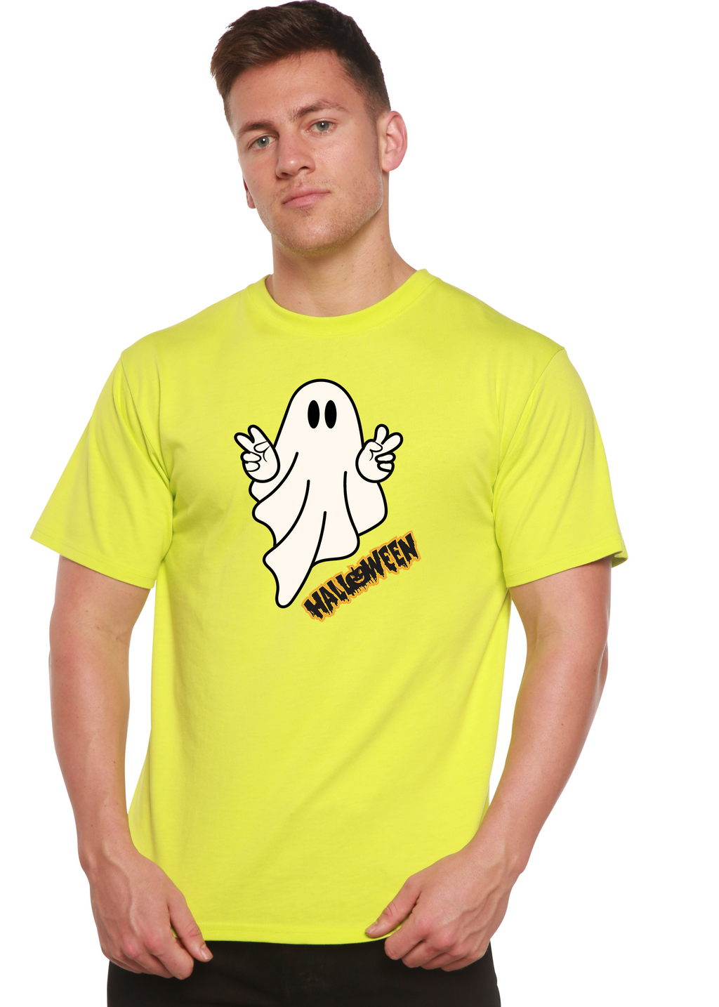 Spun Bamboo Halloween Ghost Unisex Bamboo Viscose/Organic Cotton Short Sleeve Graphic T-Shirt — size reference