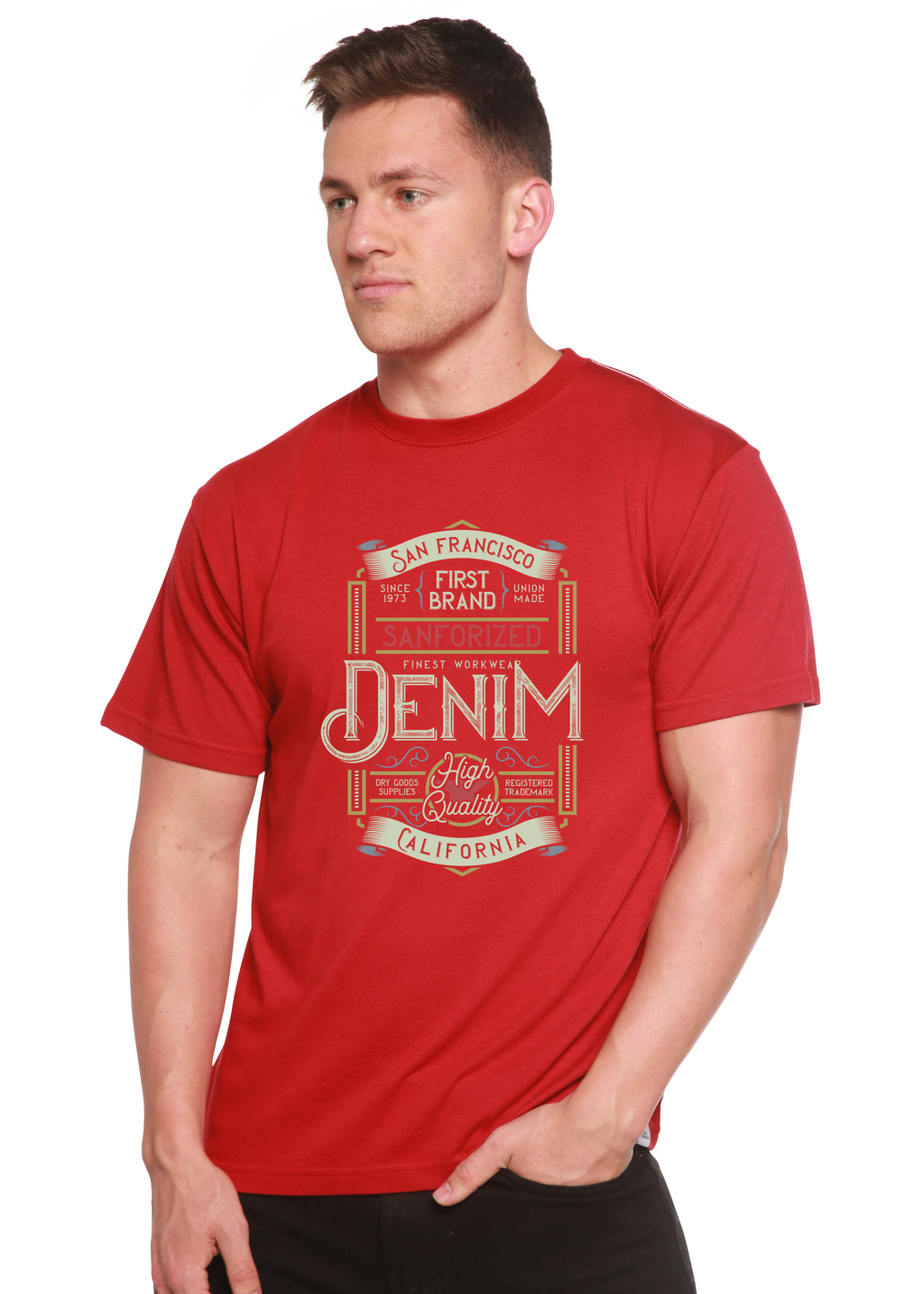 Spun Bamboo Denim California Men's Bamboo Viscose/Organic Cotton Short Sleeve Graphic T-Shirt — in-use photo