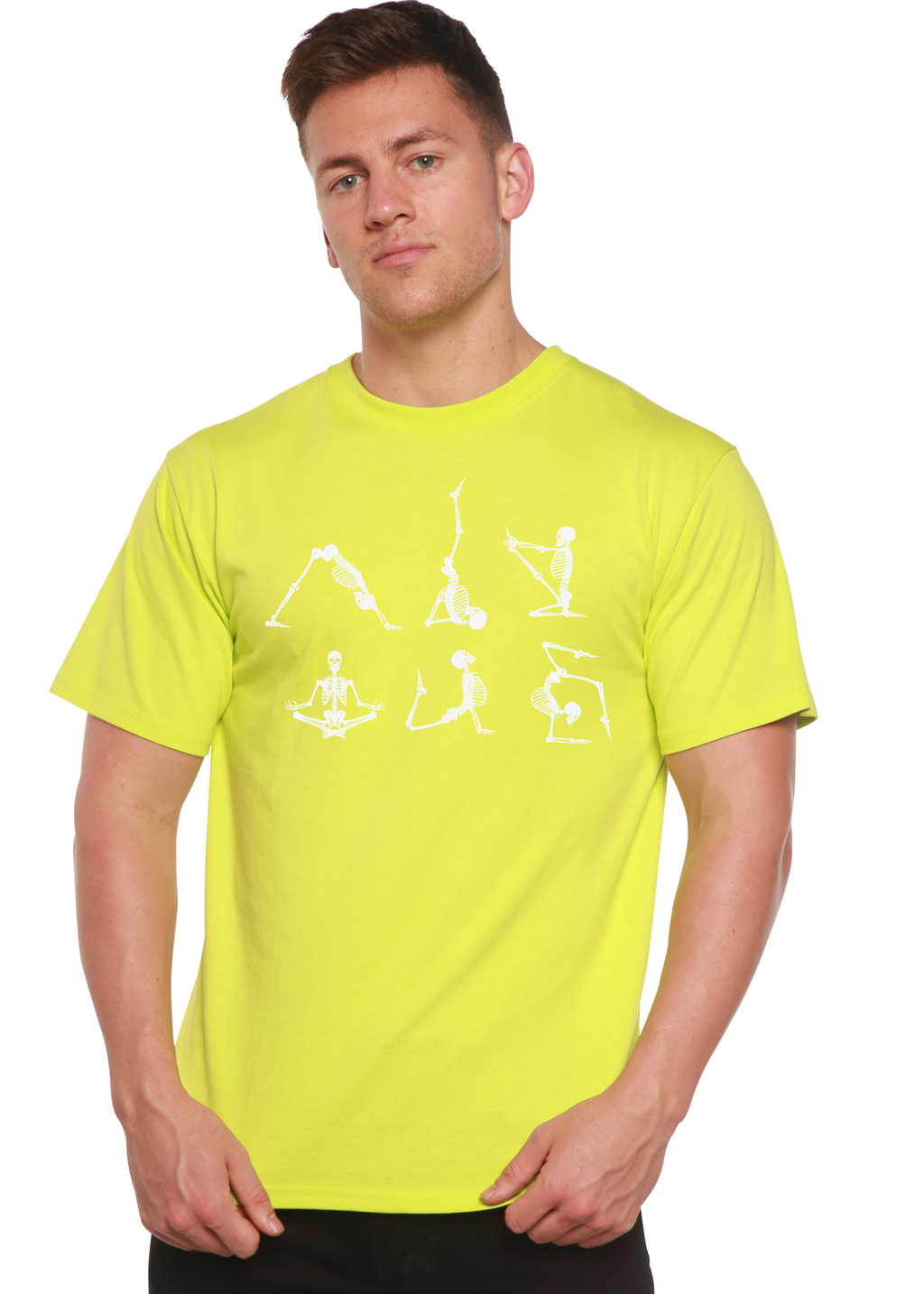 Spun Bamboo Halloween Skeleton Namaste Men's Bamboo Viscose/Organic Cotton Short Sleeve Graphic T-Shirt — side view