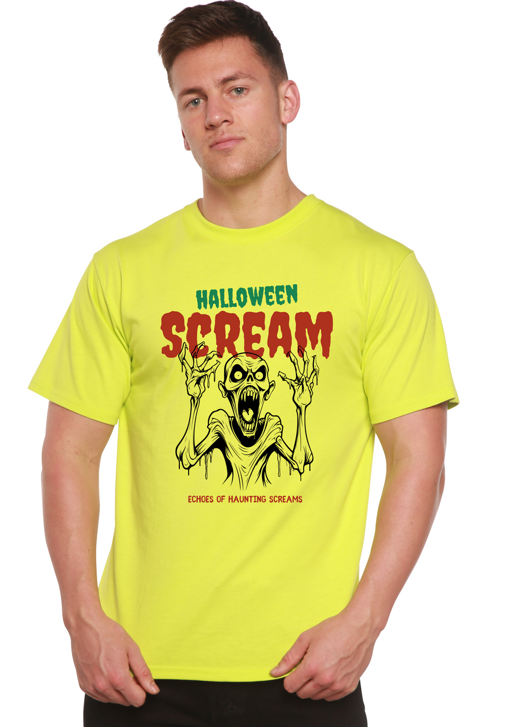Spun Bamboo Halloween Scream Men's Bamboo Viscose/Organic Cotton Short Sleeve Graphic T-Shirt — lifestyle context