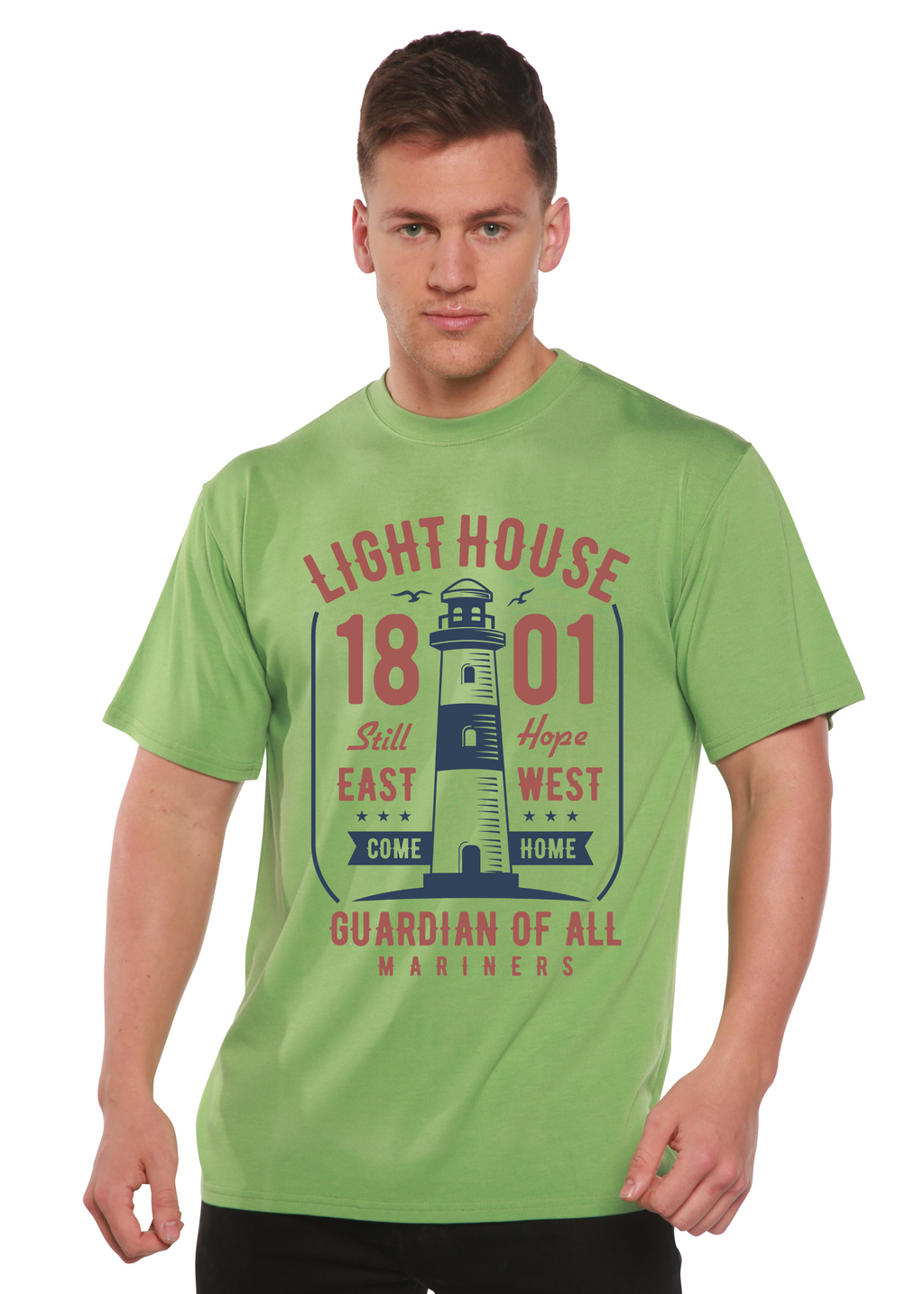 Spun Bamboo Light House Men's Bamboo Viscose/Organic Cotton Short Sleeve Graphic T-Shirt — detail close-up