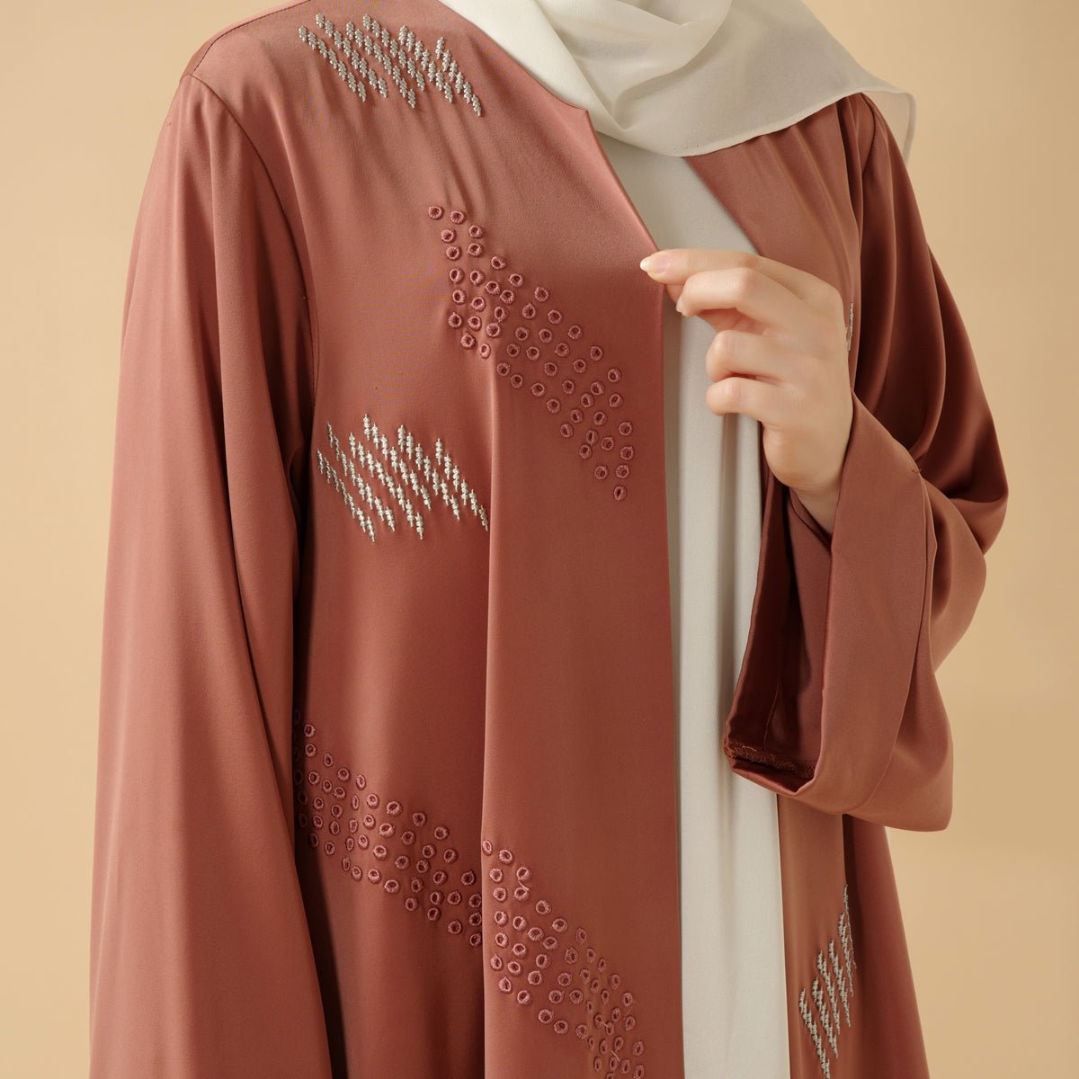 Mariam's Collection 3D Embroidery Abaya With Geometric Beads. 3D Embroidered Open Abaya (MOA085) — lifestyle context