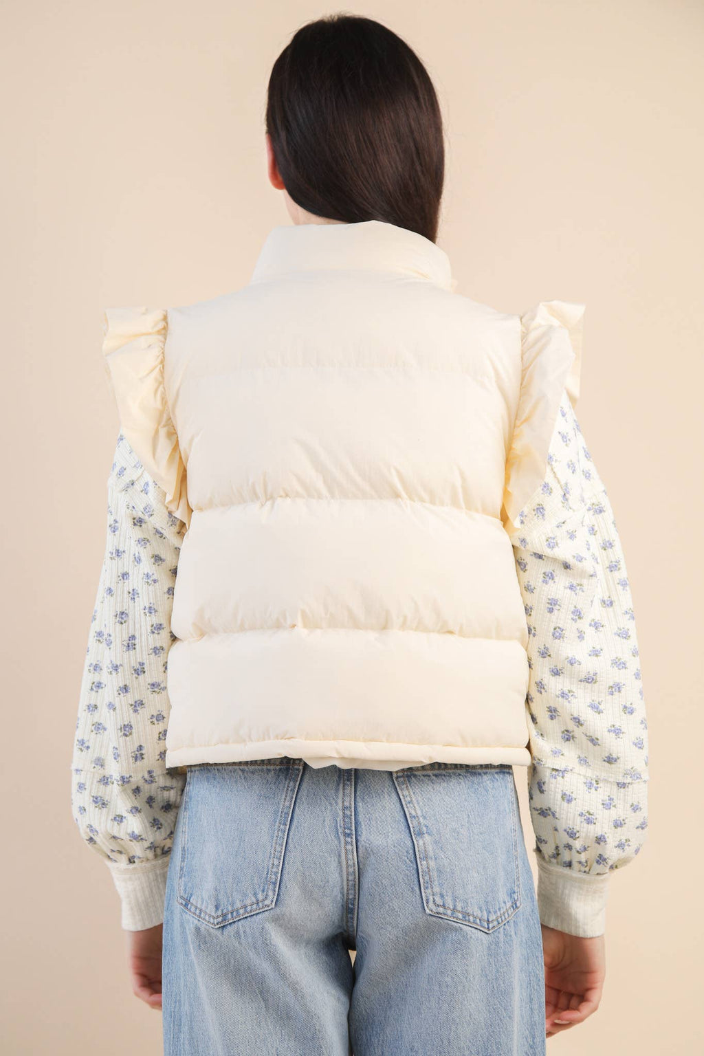 Cream Ruffle Sleeve Puffer Vest
