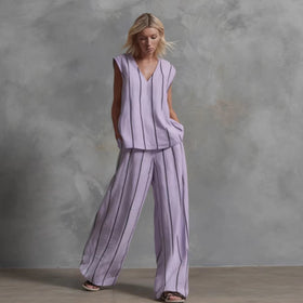 Women’s Sleeveless Striped Top and Full-Length Pants Set