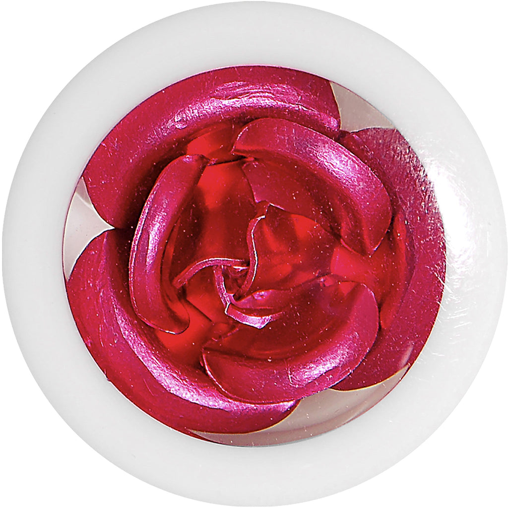BodyCandy 5/8 White Acrylic Pink Metallic Rose Flower Plug — detail close-up