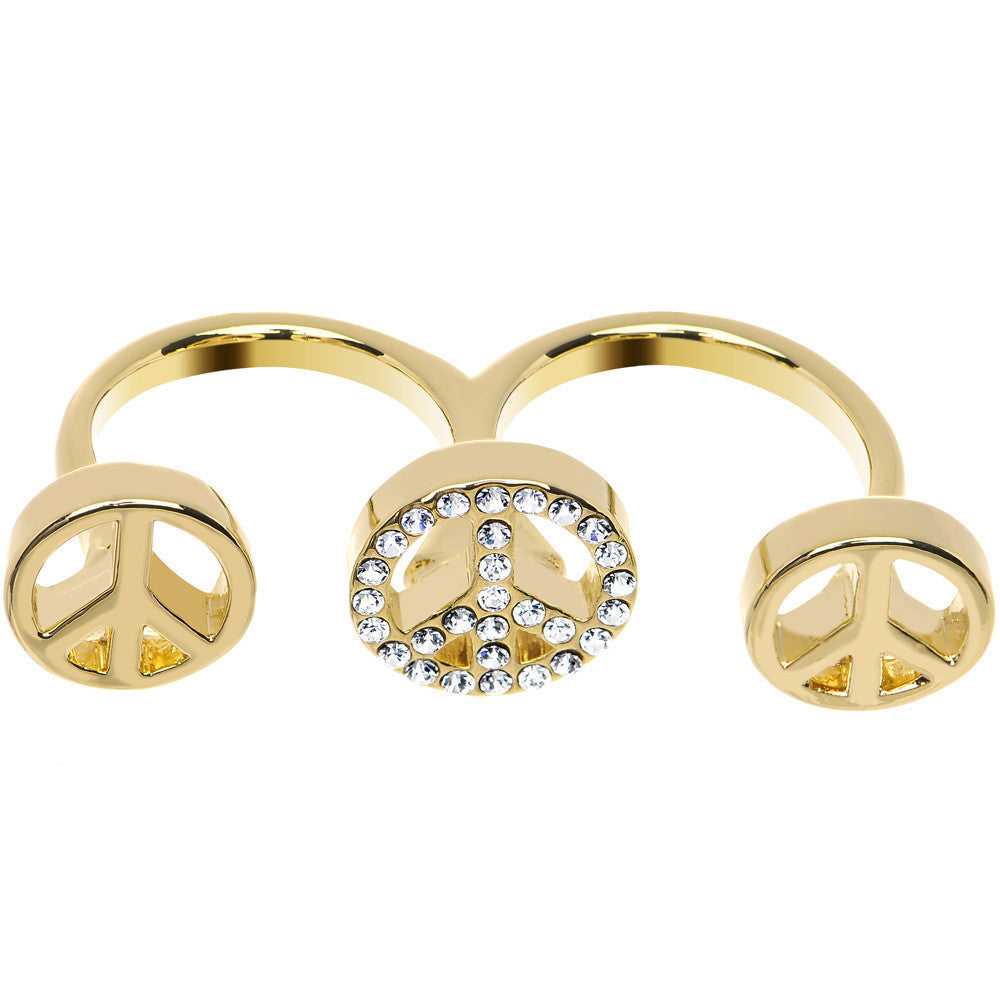 BodyCandy Clear Gem Gold Tone Triple Peace Sign Double Finger Ring — main product shot