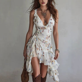 Chiffon Floral Print V-Neck Lace-Up Ruffled Dress – Women's Slim Fit Asymmetric Hem
