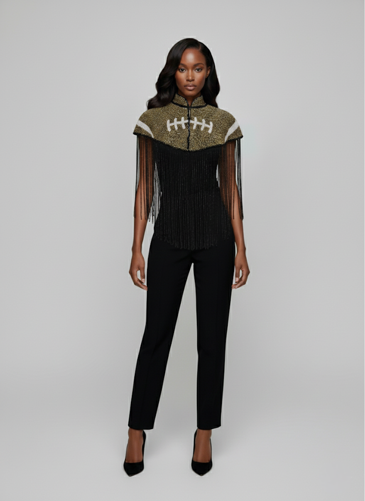 L'Jai Amor Bronze Touchdown Cape — lifestyle context