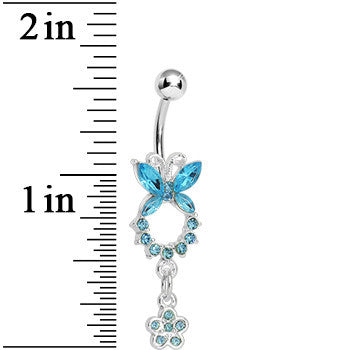 BodyCandy Aqua Gem Hollow Eternity Butterfly Dangle Belly Ring — detail close-up
