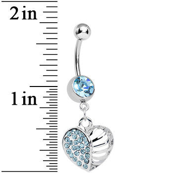 BodyCandy Aqua Gem Paved Cage Heart Dangle Belly Ring — detail close-up