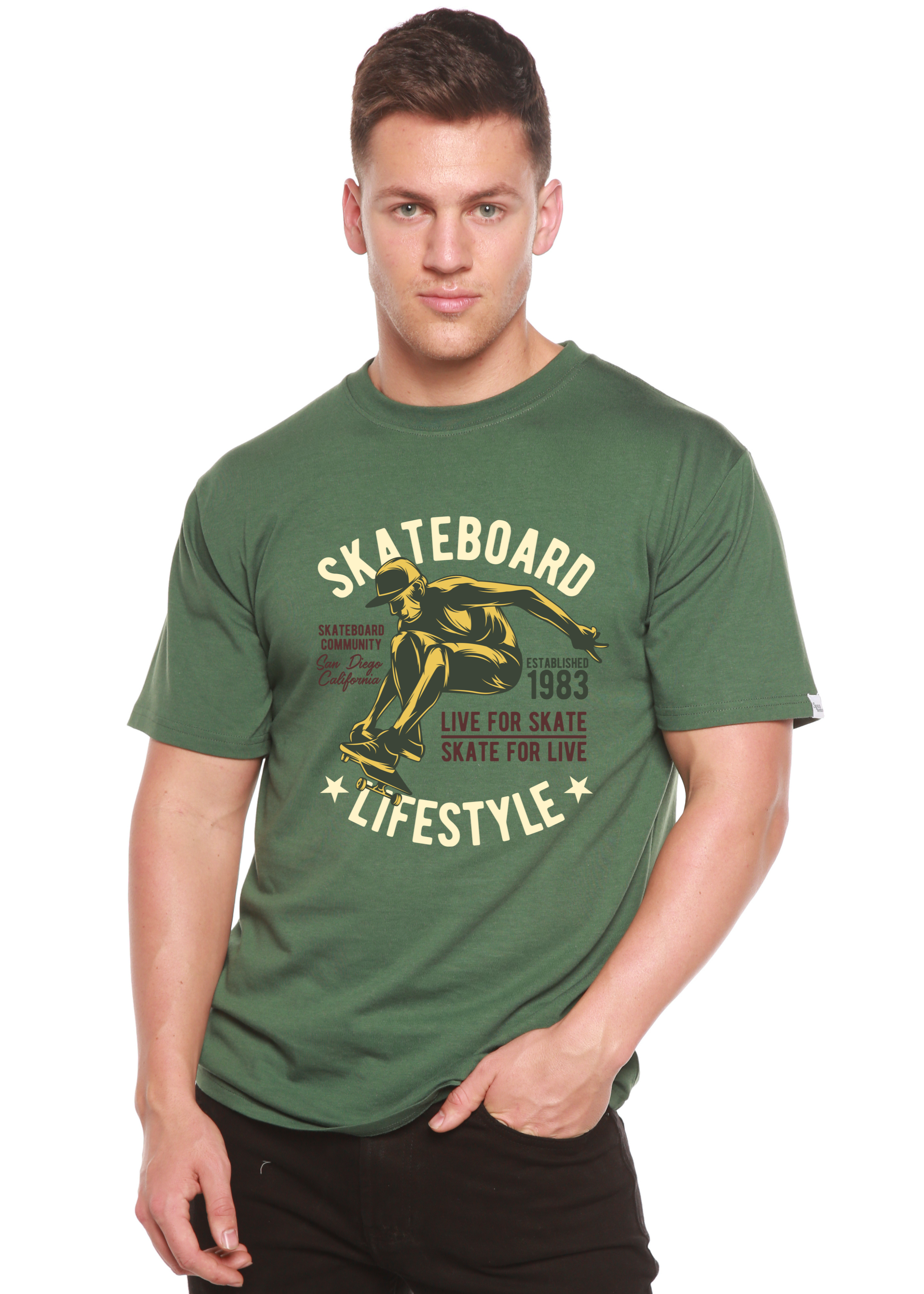 Spun Bamboo Skateboard Lifestyle Men's Bamboo Viscose/Organic Cotton Short Sleeve Graphic T-Shirt — detail close-up