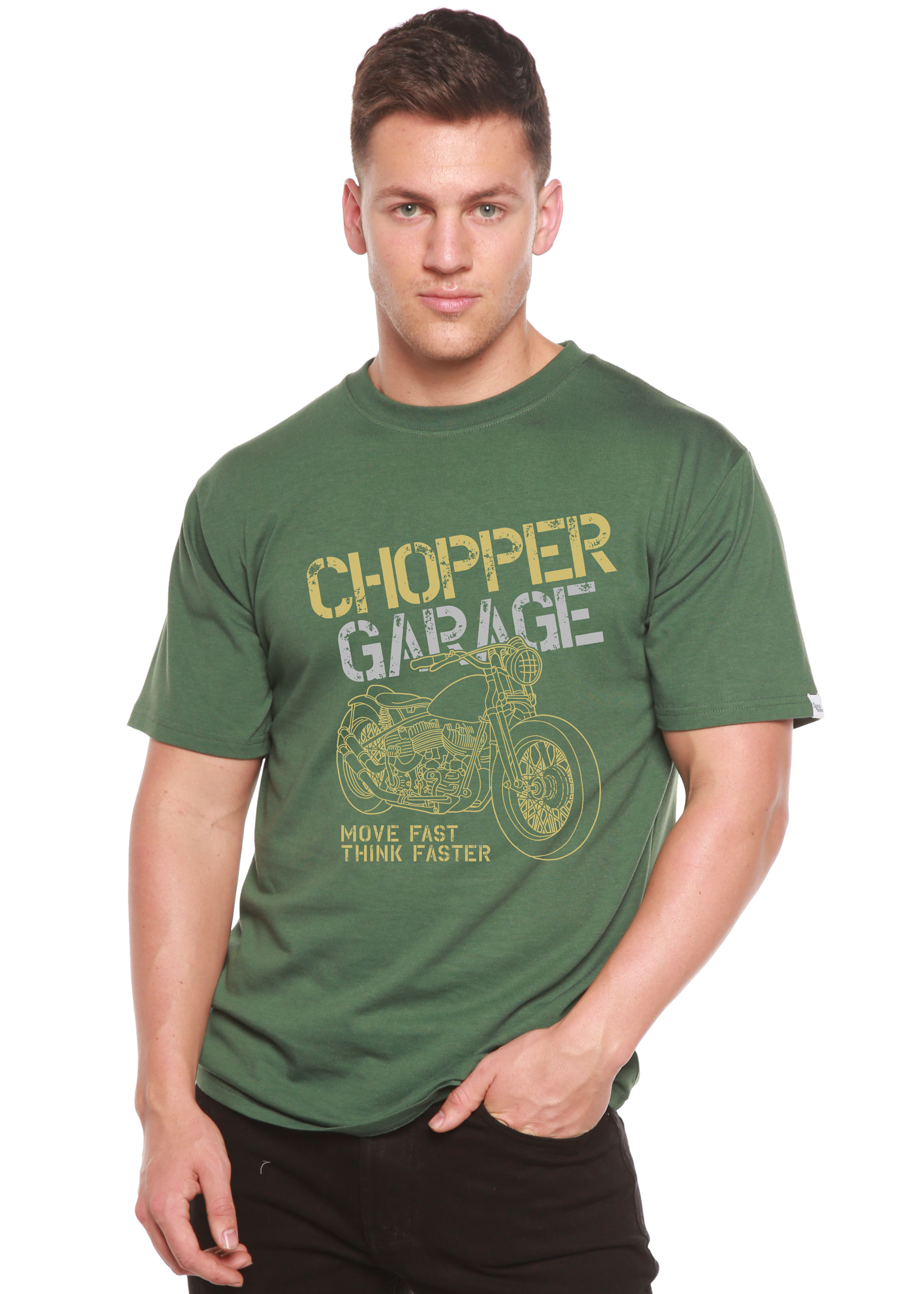 Spun Bamboo Chopper Garage Men's Bamboo Viscose/Organic Cotton Short Sleeve Graphic T-Shirt — lifestyle context