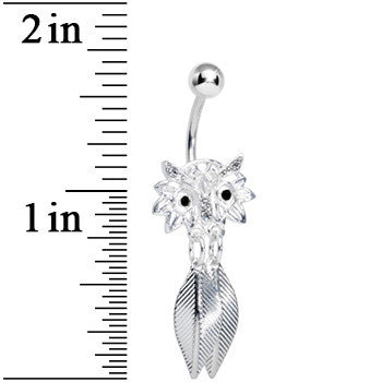 BodyCandy Crystalline Gem Gleaming Feathers Surprised Owl Dangle Belly Ring — detail close-up