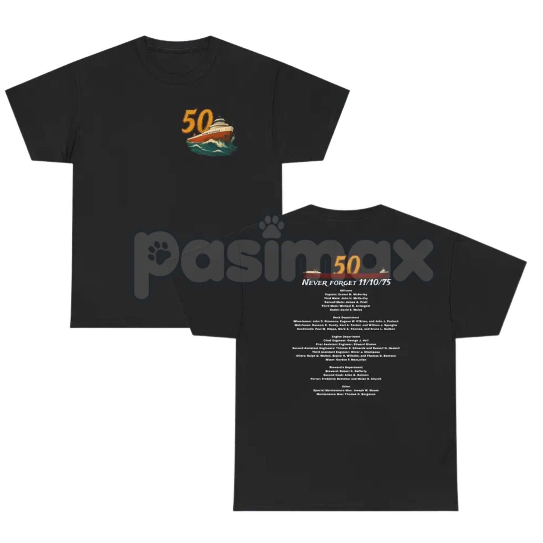 Pasimax 50th Anniversary Edmund Fitzgerald T-Shirt - Great Lakes Maritime History Tee, 1975 Shipwreck Commemorative Apparel, 