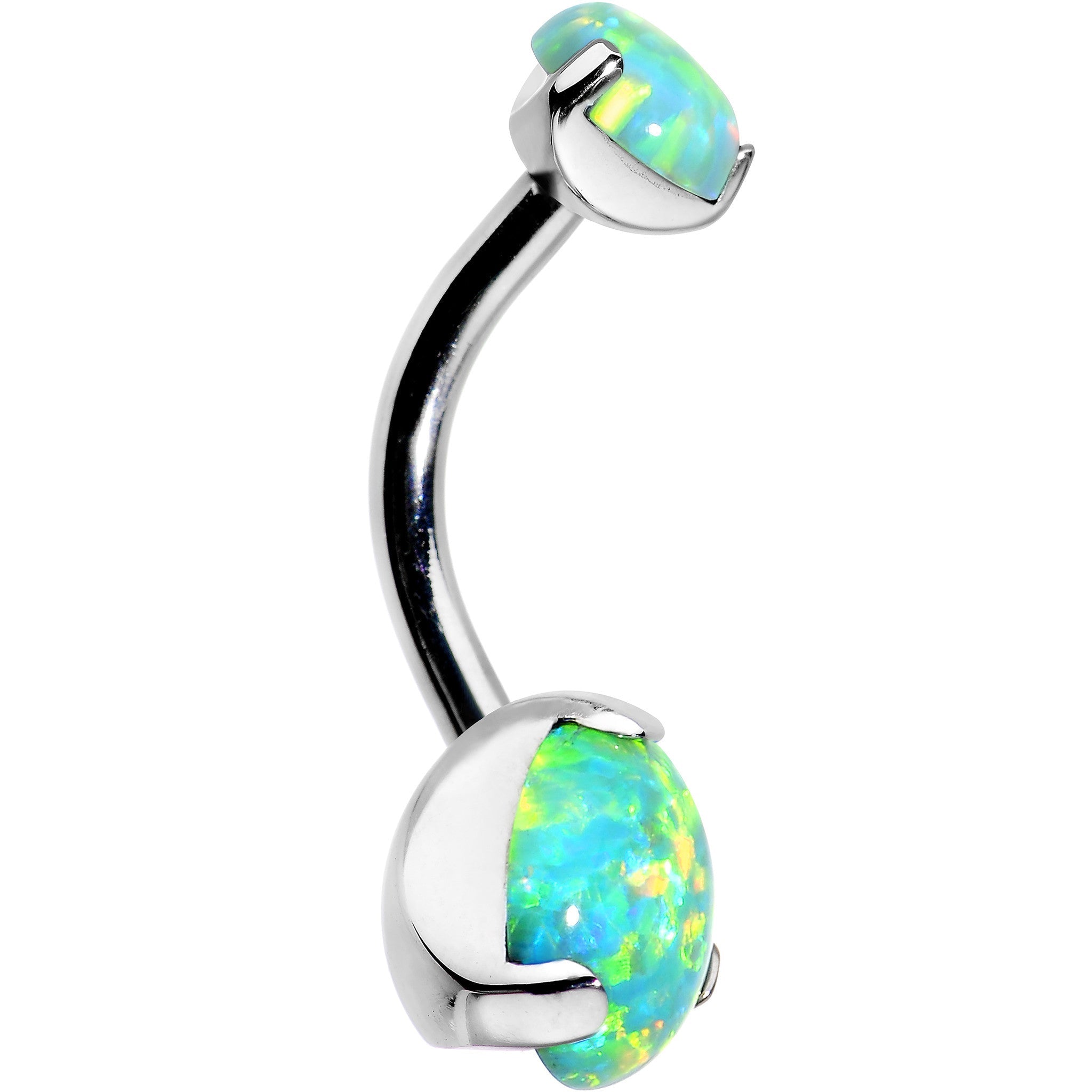 BodyCandy Double Green Synthetic Opal Internally Threaded Belly Ring 3/8 — detail close-up