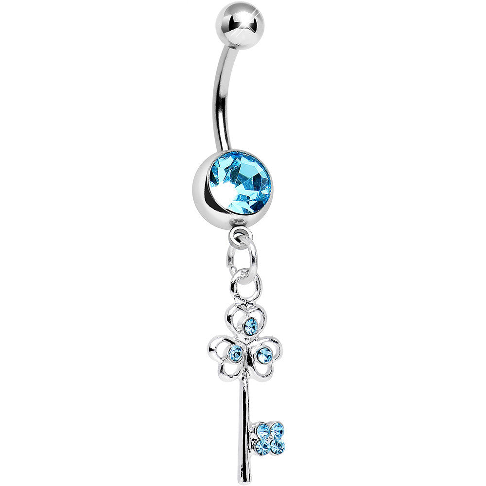 BodyCandy Aqua Gem Unlock Your Luck Clover Heart Key Dangle Belly Ring — main product shot