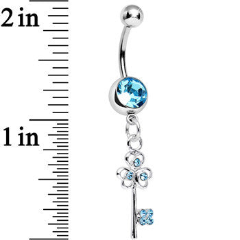BodyCandy Aqua Gem Unlock Your Luck Clover Heart Key Dangle Belly Ring — detail close-up