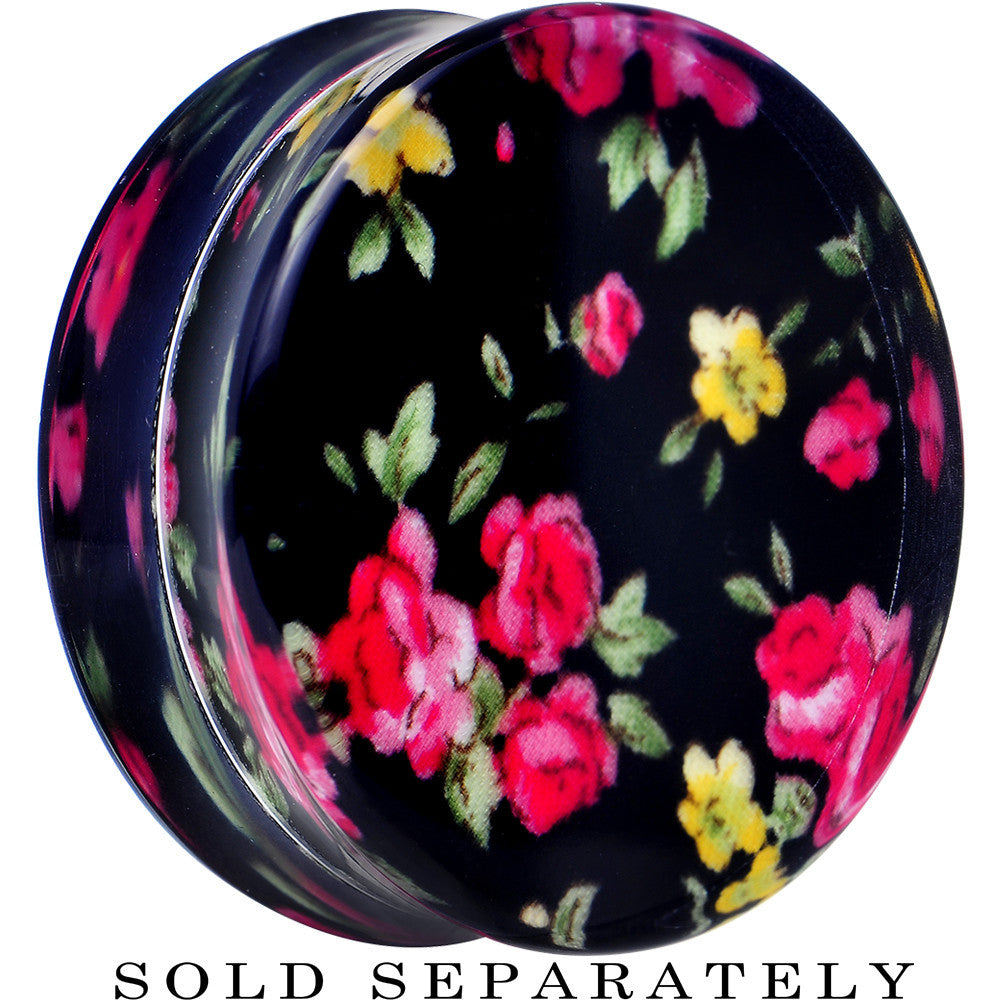 BodyCandy 36mm Acrylic Black Multicolored Old Fashioned Flowers Saddle Plug — main product shot