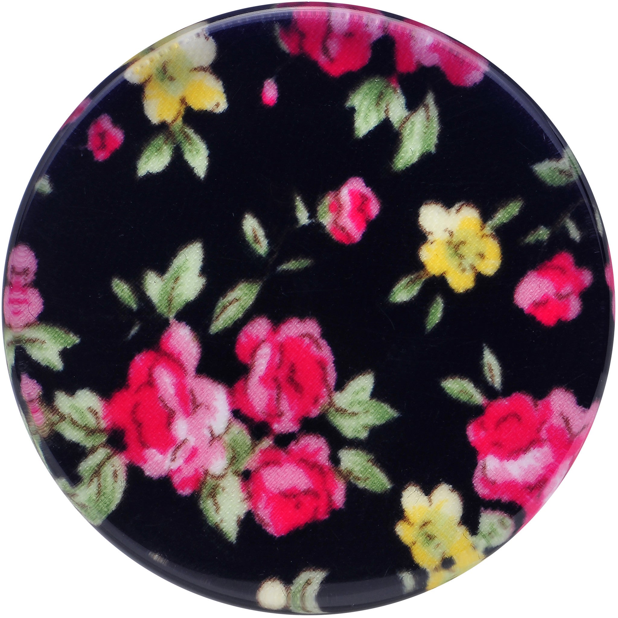 BodyCandy 36mm Acrylic Black Multicolored Old Fashioned Flowers Saddle Plug — detail close-up