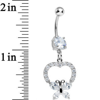 BodyCandy Clear Gem Hollow Heart Beautiful Butterfly Dangle Belly Ring — detail close-up