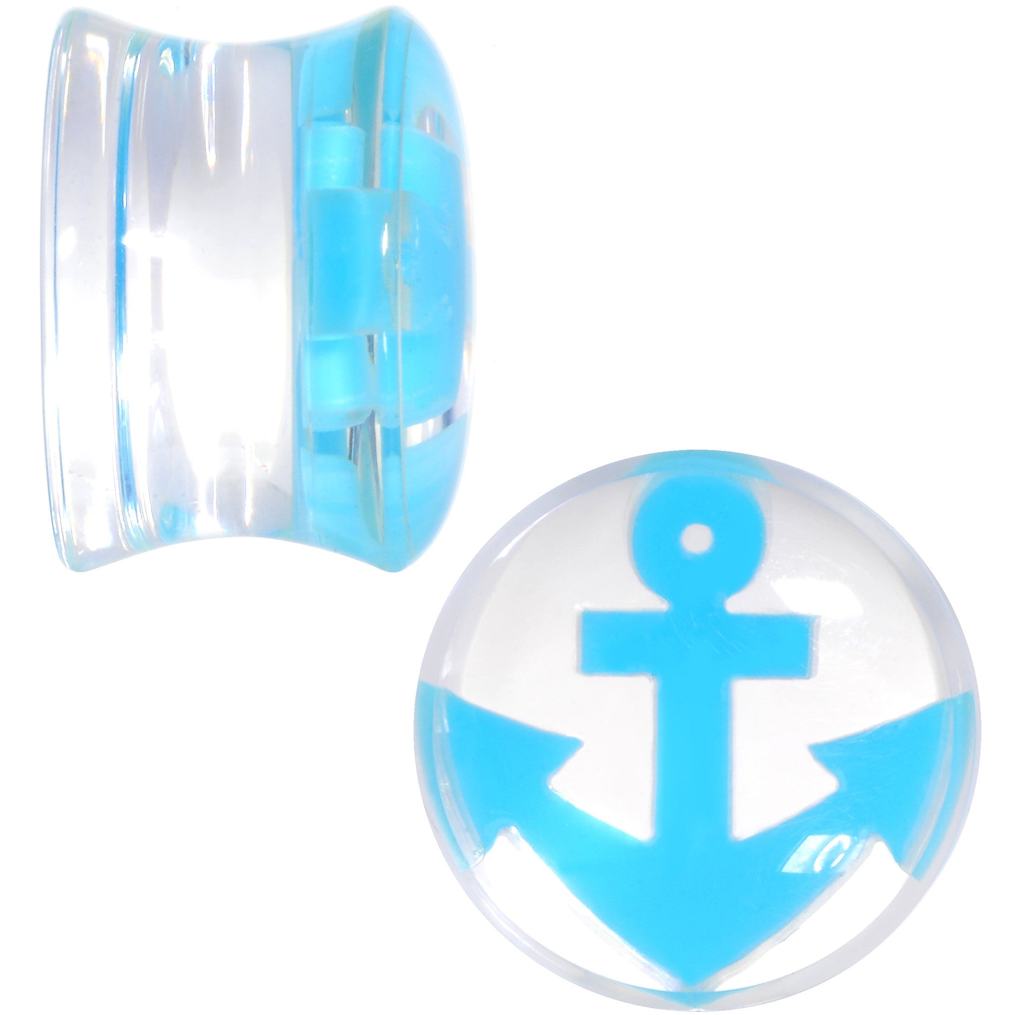 BodyCandy 9/16 Clear Acrylic Double Flare Blue Anchor Saddle Plug Set — detail close-up
