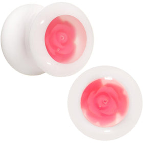 White Acrylic Pink Rose Flower Insert Saddle Plug Set Available in Sizes 00G to 26mm