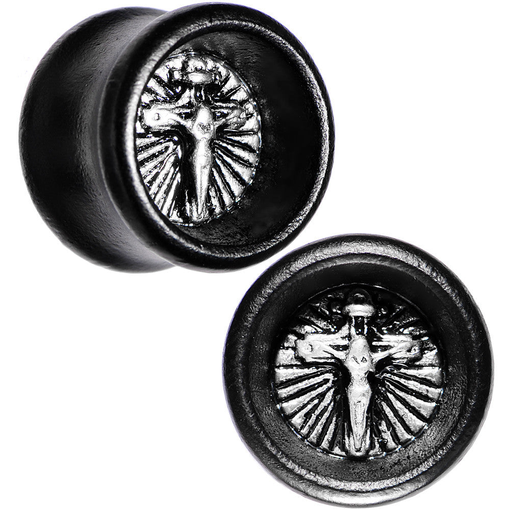 BodyCandy 9/16 Black Organic Beechwood Stainless Steel Cross Saddle Plug Set — main product shot
