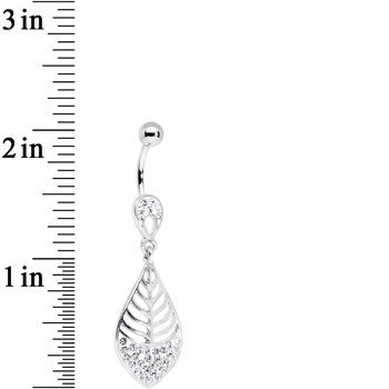 BodyCandy Clear Gem Teardrop Bottom Mount Lattice Willow Leaf Dangle Belly Ring — detail close-up