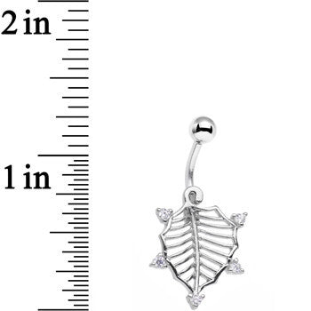 BodyCandy Clear CZ Gem Lattice Style Hawthorne Leaf Dangle Belly Ring — detail close-up