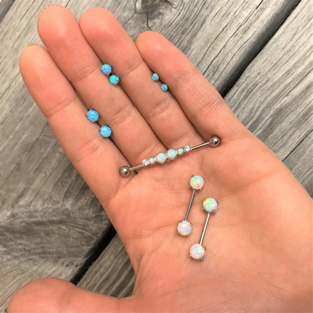 BodyCandy White Synthetic Opal Clear Gem Steel Industrial Barbell 36mm — side view