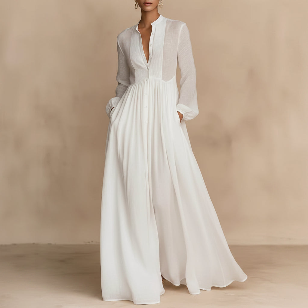 Women's French Style Long Sleeve Pleated A-Line Maxi Dress