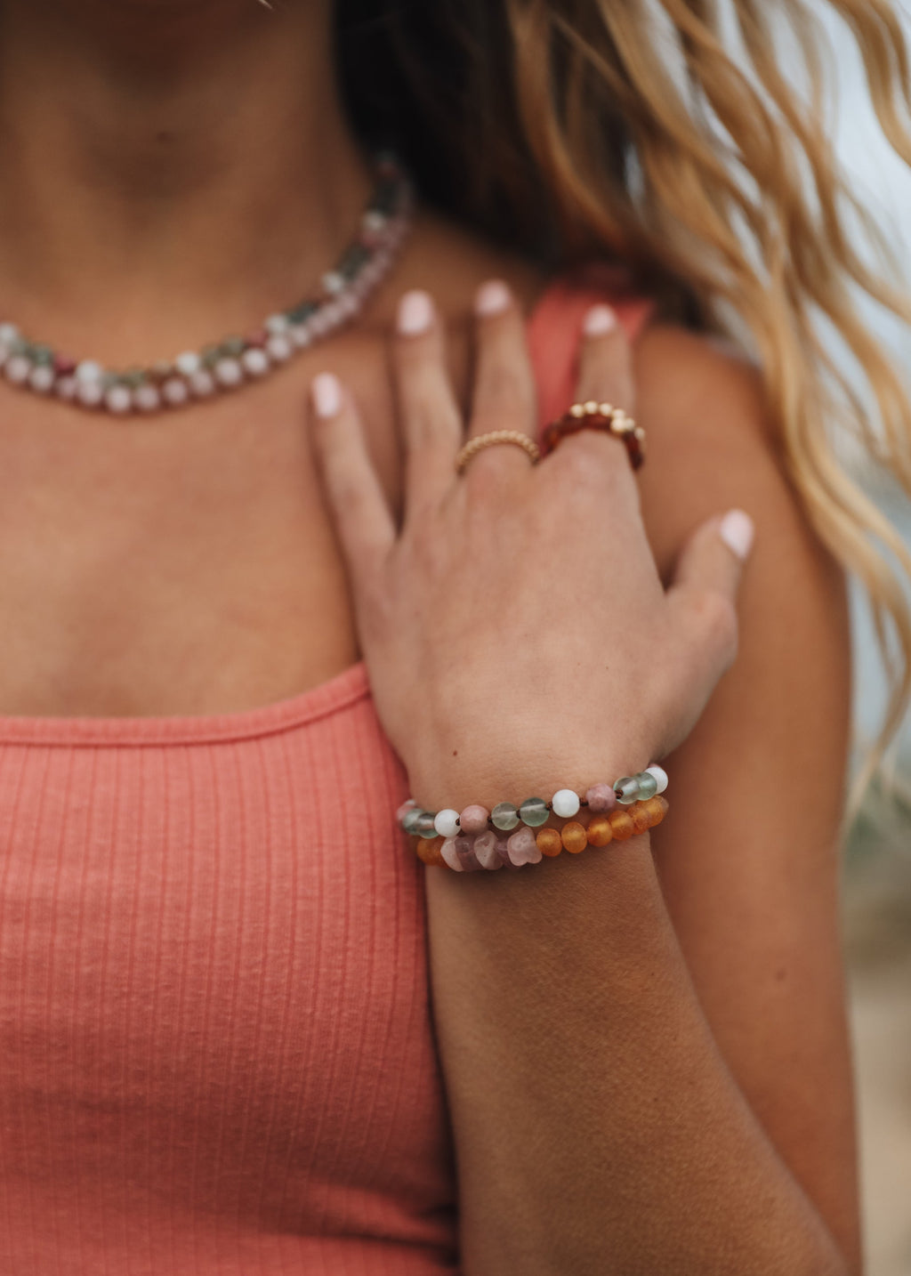 CanyonLeaf Fluorite + Moonstone + Rhodonite || Natural Gemstone Necklace — detail close-up