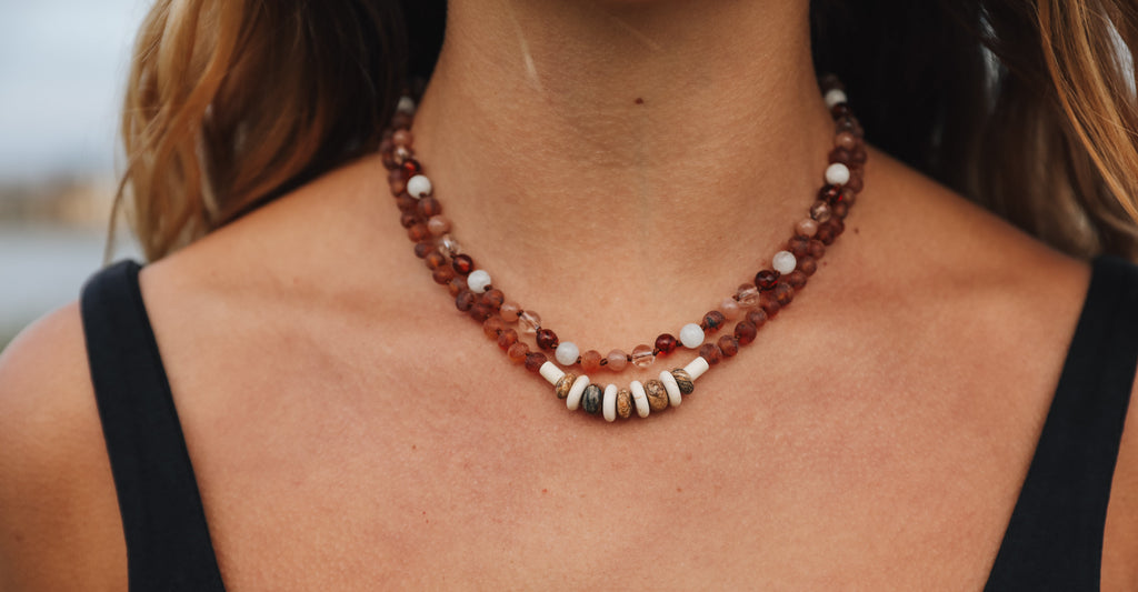 CanyonLeaf Raw Cognac Baltic Sea Amber + Natural Jasper || Necklace — lifestyle worn / used context