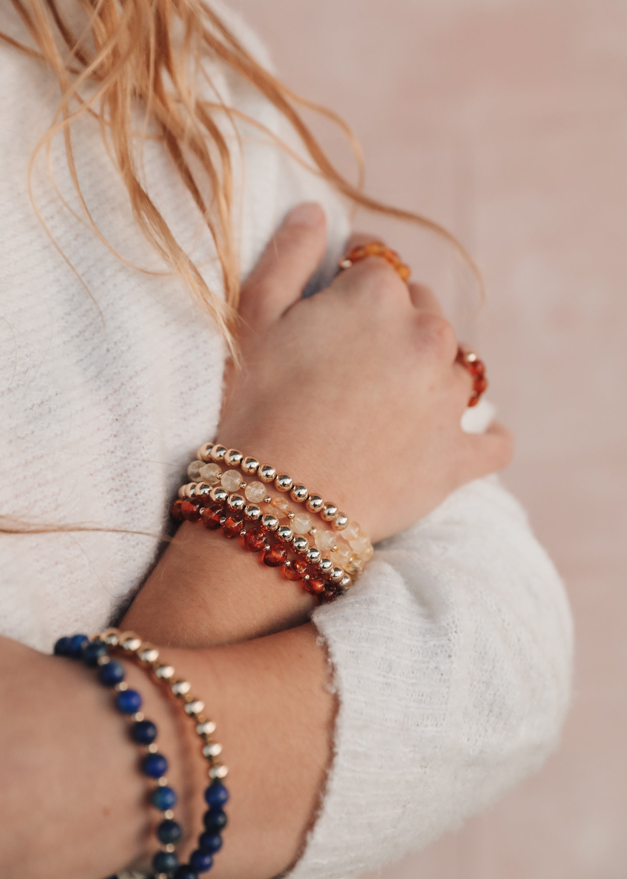CanyonLeaf Citrine Gemstone + 14K Gold Filled Beaded Stretch Bracelet — detail close-up