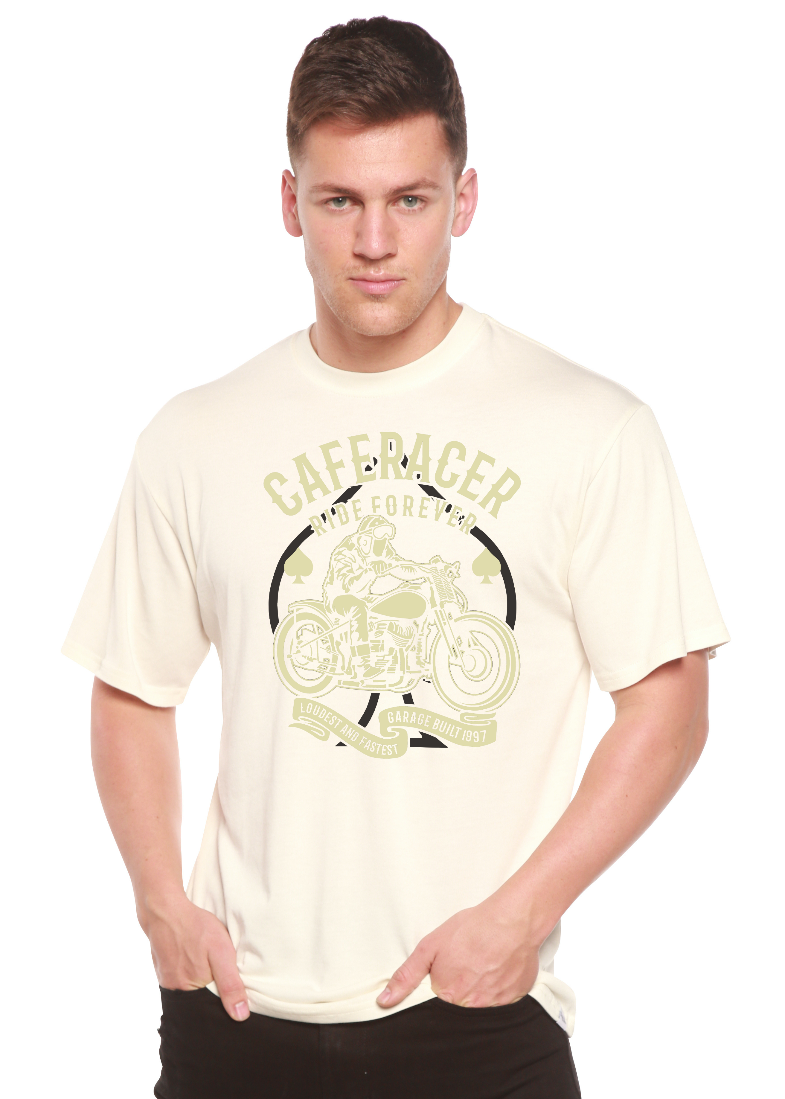 Spun Bamboo Caferacer Ride Forever Men's Bamboo Viscose/Organic Cotton Short Sleeve Graphic T-Shirt — in-use photo