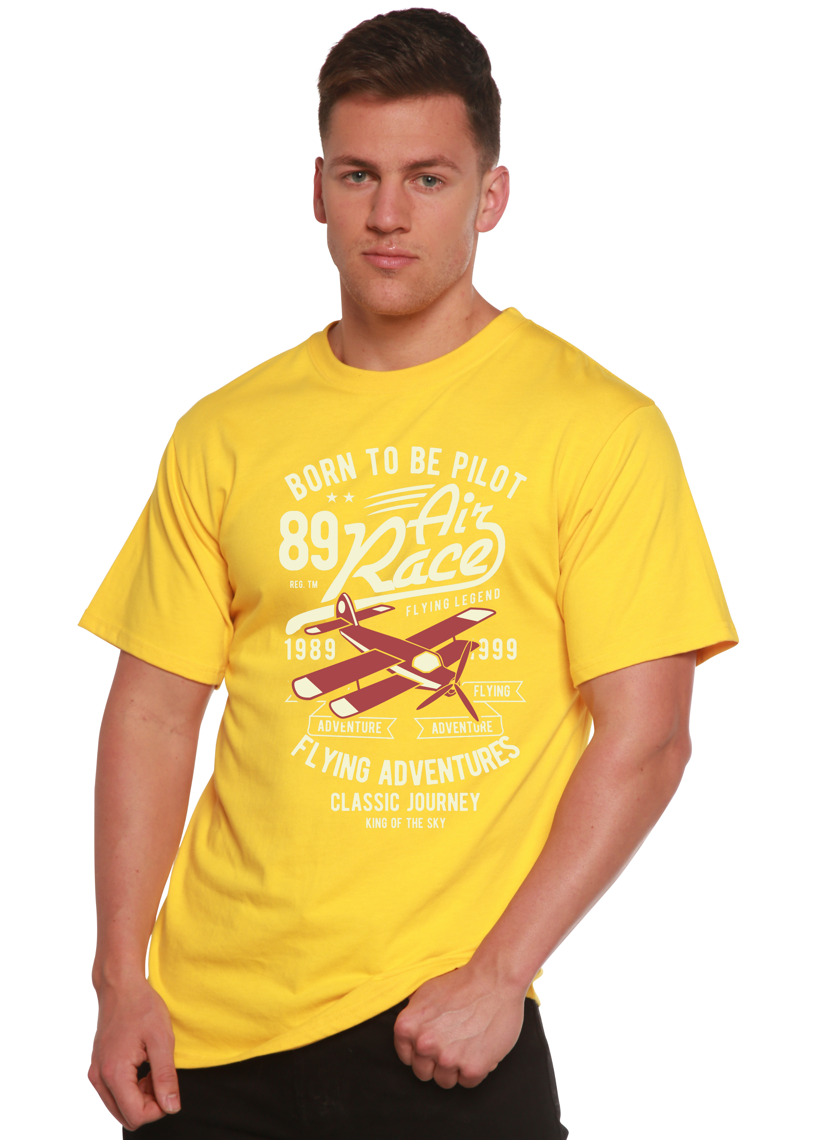 Spun Bamboo Born To Be Pilot Men's Bamboo Viscose/Organic Cotton Short Sleeve Graphic T-Shirt — in-use photo
