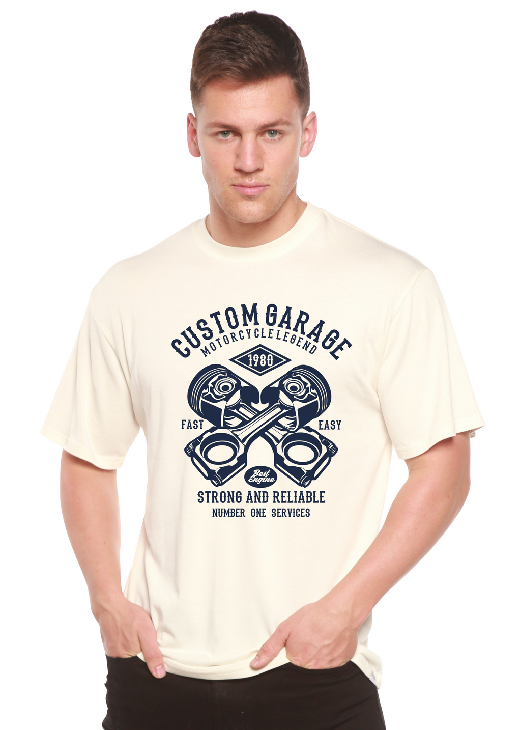 Spun Bamboo Custom Garage Men's Bamboo Viscose/Organic Cotton Short Sleeve Graphic T-Shirt — detail close-up