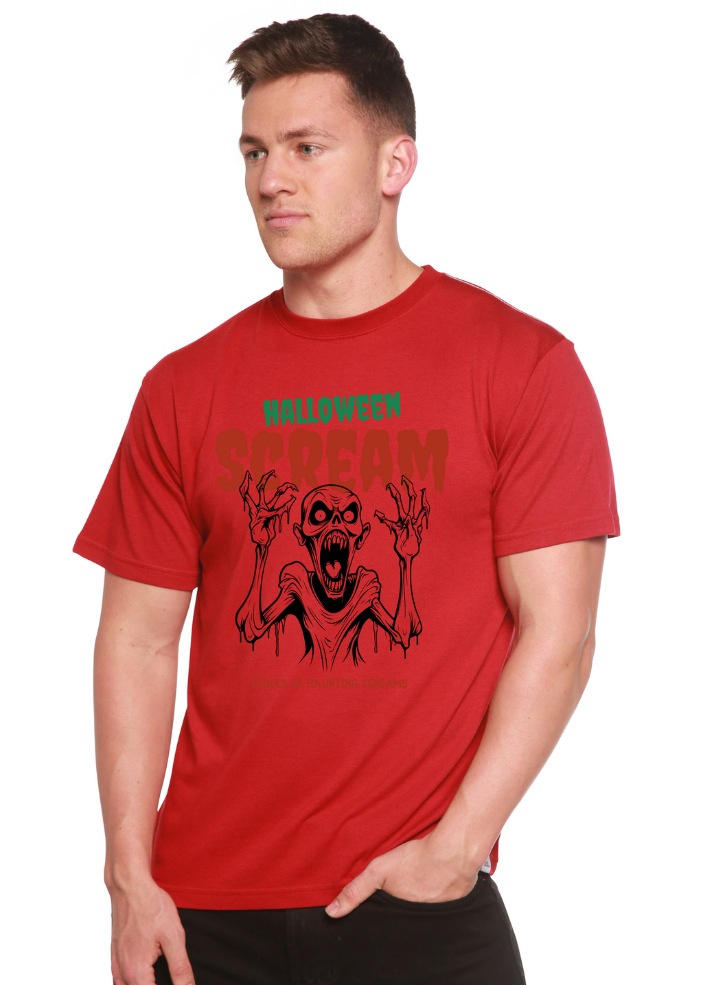 Spun Bamboo Halloween Scream Men's Bamboo Viscose/Organic Cotton Short Sleeve Graphic T-Shirt — back view
