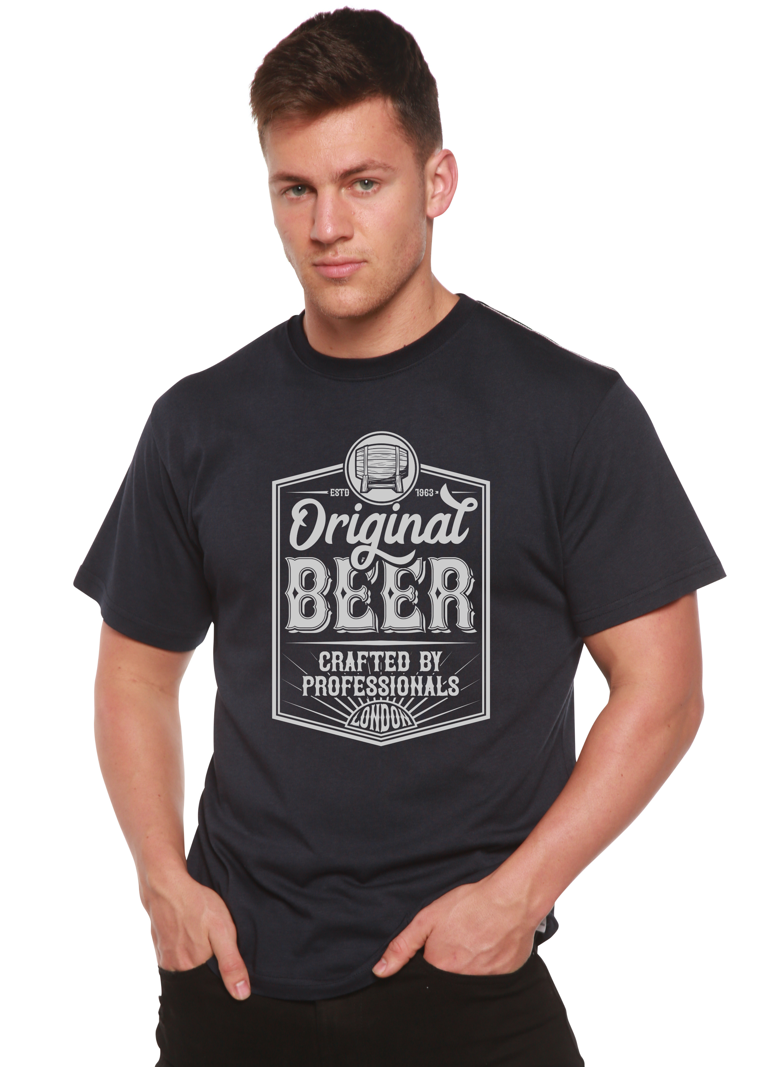 Spun Bamboo Original Beer Men's Bamboo Viscose/Organic Cotton Short Sleeve Graphic T-Shirt — detail close-up