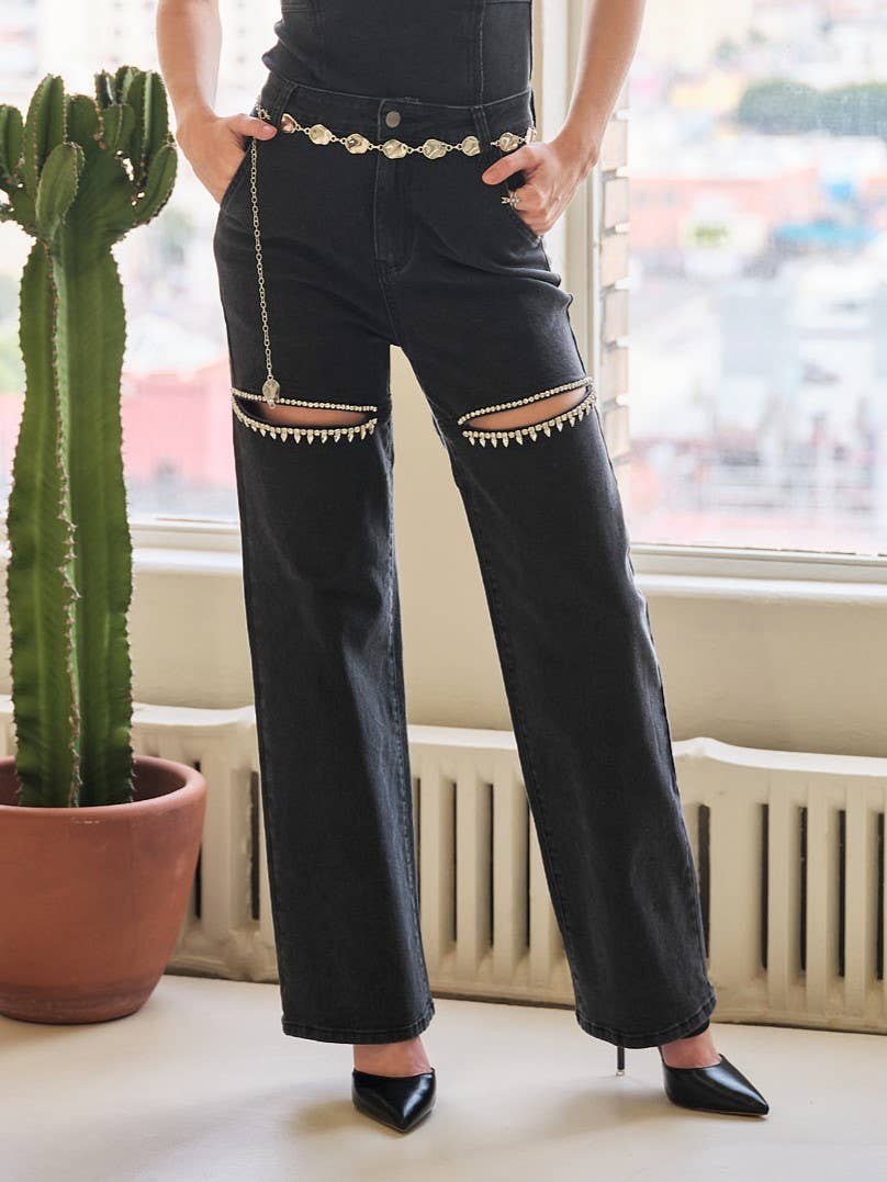 Black Cut Out Rhinestone Denim Jeans