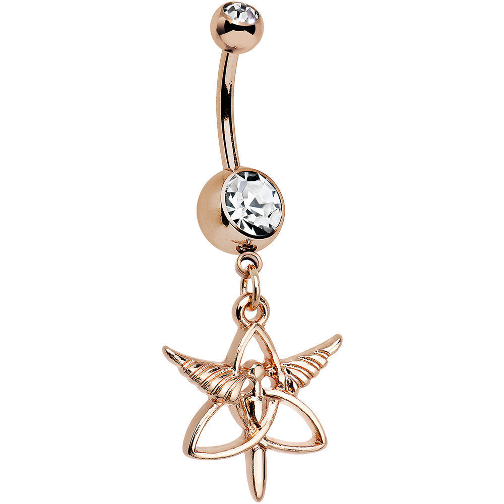 BodyCandy Clear Gem Rose Gold Anodized Heralds Staff Trinity Dangle Belly Ring — main product shot