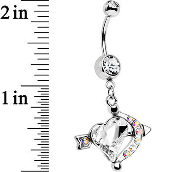 BodyCandy Clear Aurora Gem Cupids Aim Arrow and Heart Dangle Belly Ring — detail close-up
