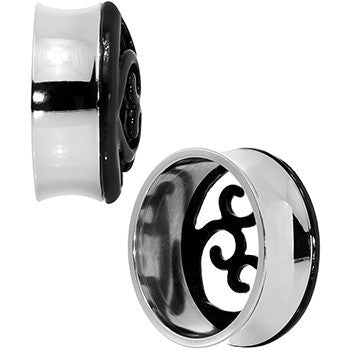 BodyCandy 28mm Steel Black Filigree Duet Heart Saddle Plug Set — detail close-up