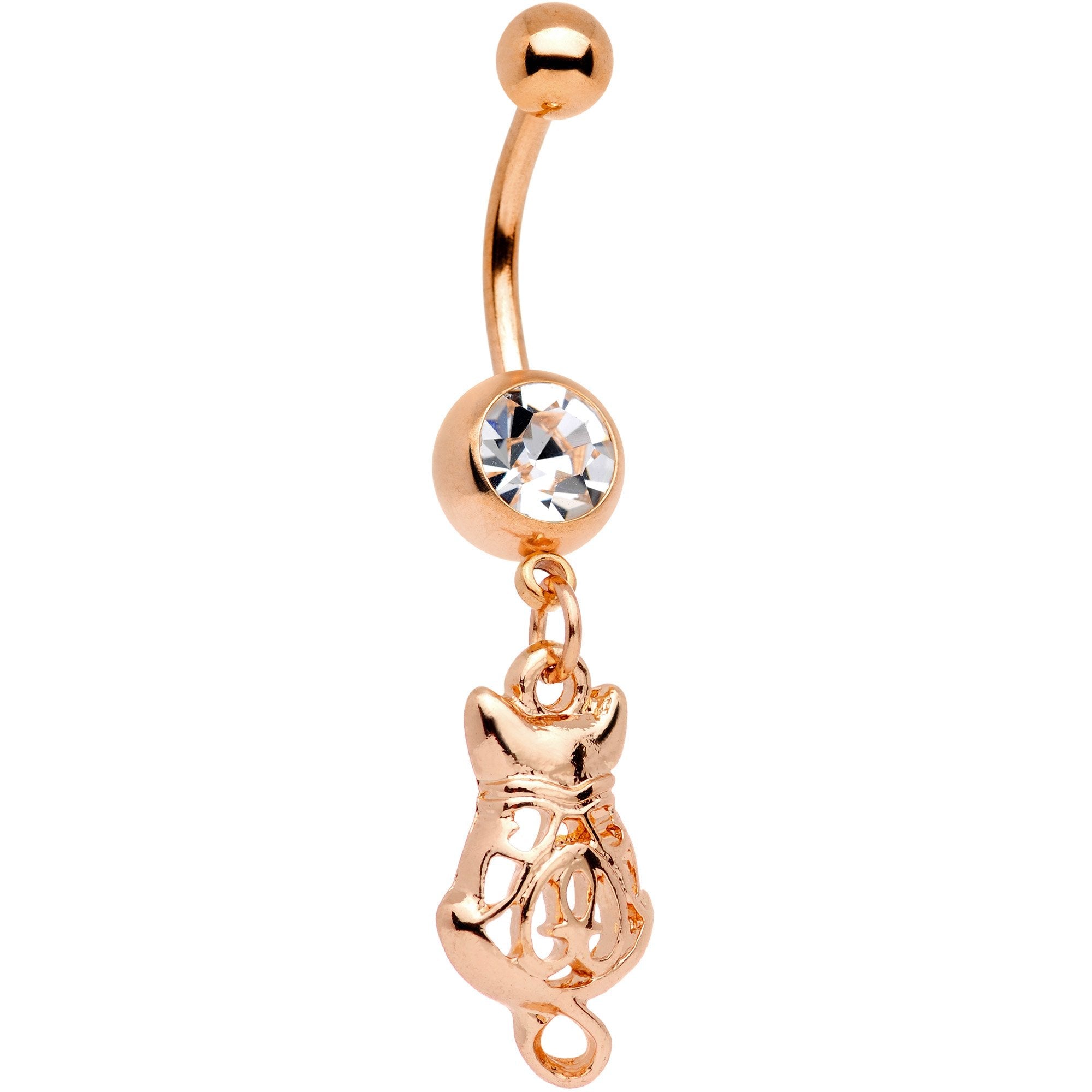 BodyCandy Clear Gem Rose Gold Tone Anodized Fashion Cat Dangle Belly Ring — main product shot