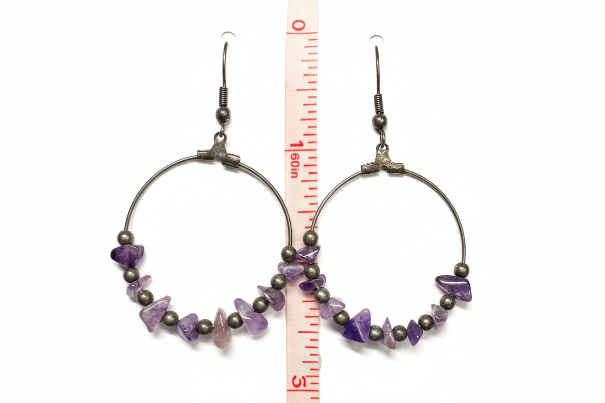 Just Neat Stuff Amethyst hoop drops — detail close-up